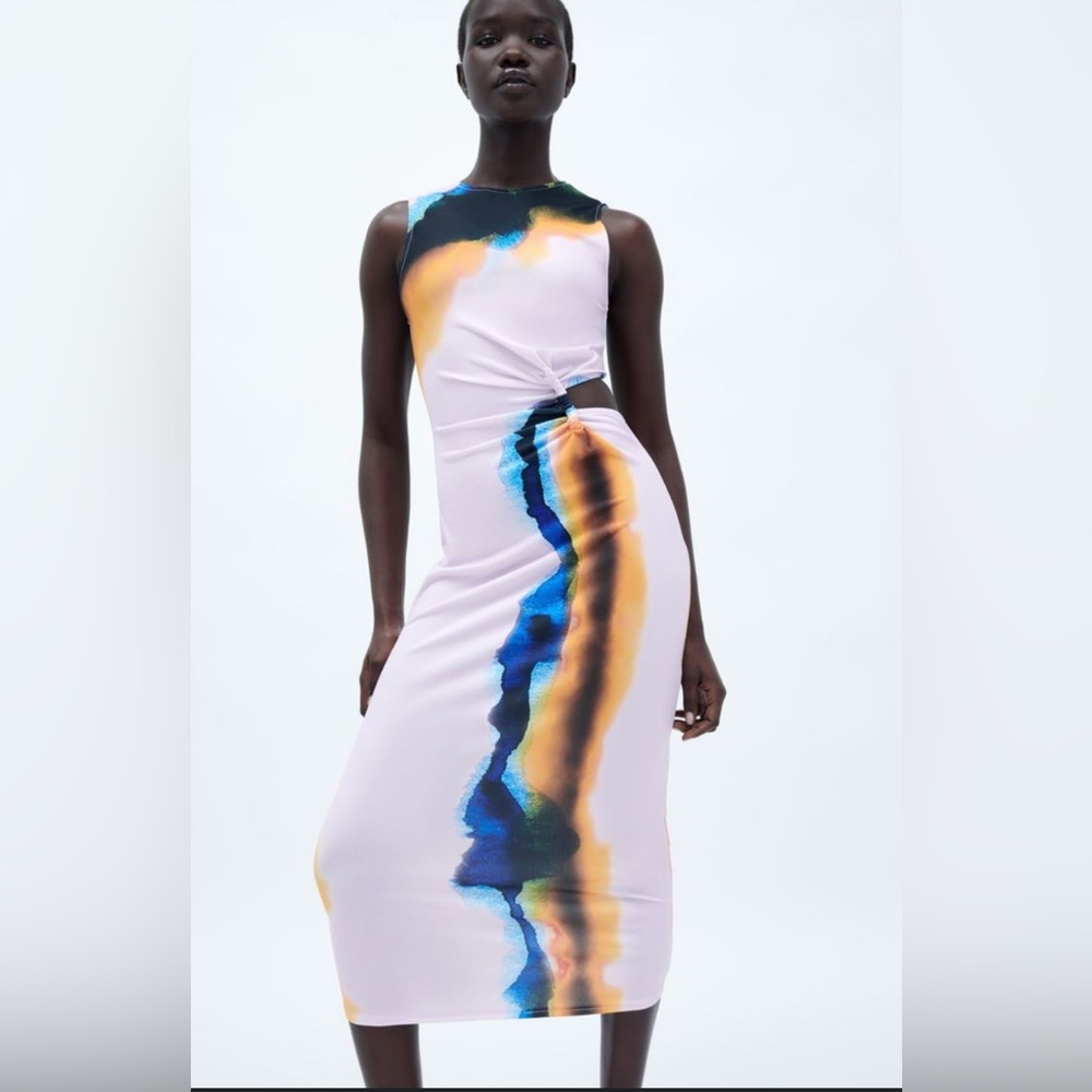 ZARA Multicolor Abstract Print Cut Out Sleeveless Midi Dress Women's